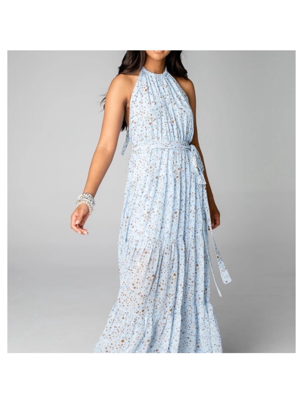 Buddy Love Baby Blue Halter Maxi Dress with Star Print